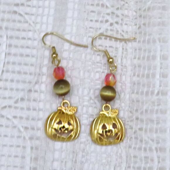 Gold Tone Pumpkin Dangle Drop Earrings for Halloween, Handmade Jewelry Women - Picture 1 of 7